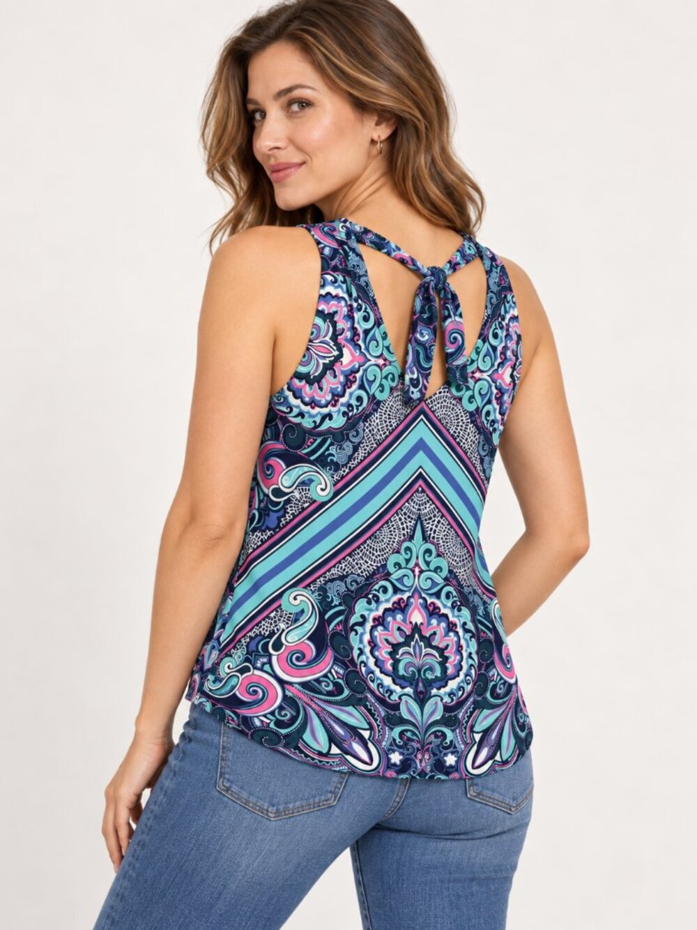 Etcetera Multicolor Paisley Print Sleeveless Tie Neck Blouse Women’s Size Large